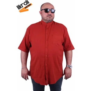 Mocgrande Büyük Beden Kısa Kol Erkek Likralı Keten Hakim Yaka Cepli Gömlek 11303 Kıremıt