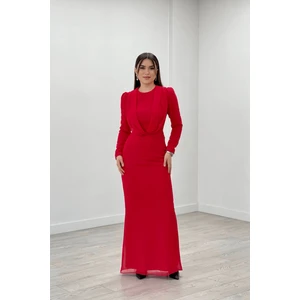 giyimmasalı Şifon Kumaş Pelerin Detaylı Abiye Elbise - Kırmızı