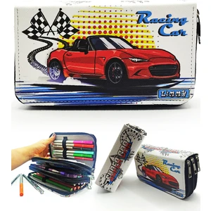 Kalem Kutusu Araba Desenli Kawai Organizer Kalemkutu Vegan Deri Üç Bölmeli Kalemlik - Siyah