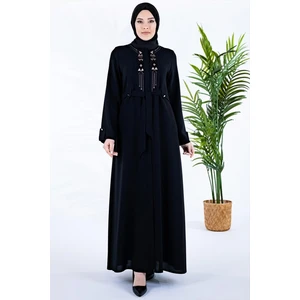 Ön Bedeni Nakış Detaylı Kuşaklı Siyah Ferace 3724