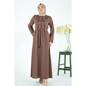 Ön Bedeni Nakış Detaylı Kuşaklı Kahve Ferace 3724