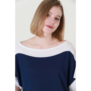 Kadın Lacivert Ekru Kuşaklı Yazlık Ince Triko Bluz