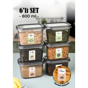 Renkli Etiketli 6lı Peggy Dikdörtgen Saklama Kabı Seti 800 Ml Antrasit