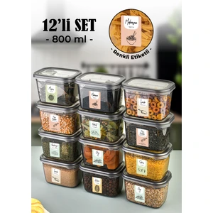 Renkli Etiketli 12lı Peggy Dikdörtgen Saklama Kabı Seti 800 Ml Antrasit