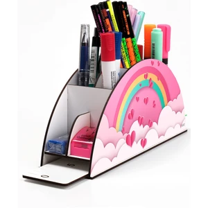 Ahşap Vip Çoçuklar Için Gökkuşağı Cetvelli Masaüstü Kalemlik Organizer Montajlı Kutulu