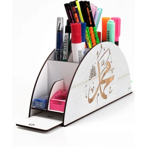 Ahşap Vip Islam Gökkuşağı Cetvelli Masaüstü Kalemlik Organizer Montajlı Kutulu
