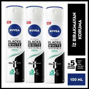 NIVEA Kadın Sprey Deodorant  Invisible Black&White Fresh 150 ml x3 Adet,48 Saat Anti-perspirant Koruma