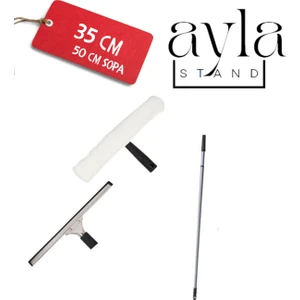 Ayla Stand 50 cm Sopa Profesyonel Pencere Temizleme Seti, Duş ve Cam Sileceği 35 cm Çekçek + 35 Peluş Takım