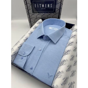Slim Fit Uzun Kol Saten Hediye Kutulu Kolay Ütülenebilir Erkek Gömlek(KR.9511) - Mavi