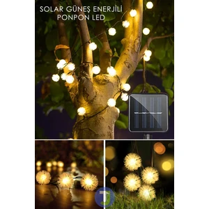Solar Güneş Enerjili 50 Led'li 7m Ponpon LED Işık Dekorasyon Bahçe Aydınlatma (Sarı Işık)