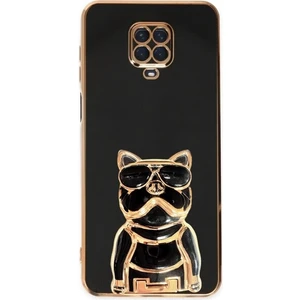 Xiaomi Redmi Note 9 Pro Kılıf Kamera Korumalı Köpek Desenli Standlı Silikon Siyah