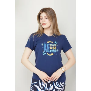 Banada Moda Kadın Reduce Reuse Rcycle Baskılı V Yaka T-Shirt