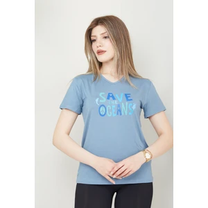 Banada Moda Kadın Save The Oceans Baskılı V Yaka T-Shirt