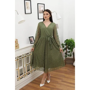 Neşeli Butik Kadın Bağlama Detaylı Dantel Elbise RSSN619 - Haki