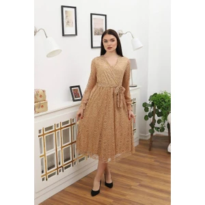 Neşeli Butik Kadın Bağlama Detaylı Dantel Elbise RSSN619 - Camel