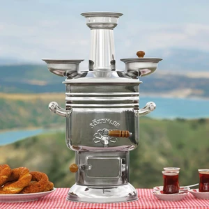 KS14 6 lt Krom Kömürlü Semaver Porselen Kulp