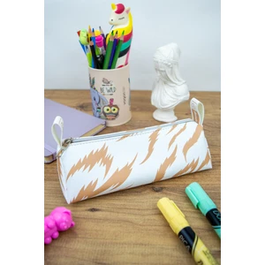 Kalem Kutusu Pastel Renk Beyaz-Gold Üçgen Tasarım Vegan Deri (Kalemlik ve Makyaj Çantası)