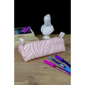 Kalem Kutusu Pastel Renk Zebra Pembe-Pembe Üçgen Tasarım Vegan Deri (Kalemlik ve Makyaj Çantası)
