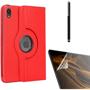 Apple iPad Mini 2021 6.nesil Uyumlu Kılıf Kapaklı Standlı 360 Dönebilen Koruma DN11 + Nano + Kalem Kırmızı