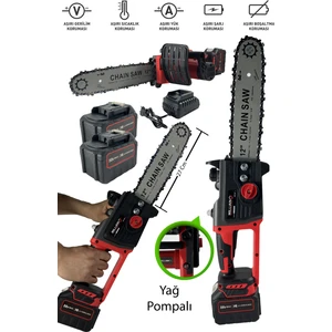 58 V 5 Ah Bakır Sargılı 2 Akülü Yağ Pompalı Şarjlı 35 cm Pala Dal Kesme Budama Testere Bıçkı Makinesi