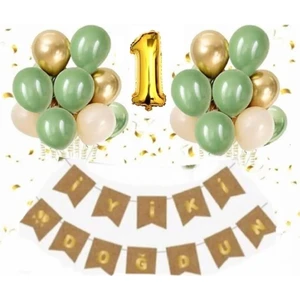 Çıtı Pıtı Store 1 Yaş Kraft Gold Varaklı Iyi Ki Doğdun Banner Krom Gold Küf Yeşili Deniz Kumu Balon Set