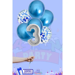 Lasagna Store 3 Harf Rakam 40INÇ Gümüş Folyo Balon ve Konfetili Mavi Balon Seti