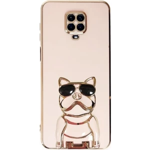 Xiaomi Redmi Note 9 Pro Kılıf Kamera Korumalı Köpek Desenli Standlı Silikon Pembe