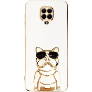 Xiaomi Redmi Note 9 Pro Kılıf Kamera Korumalı Köpek Desenli Standlı Silikon Beyaz