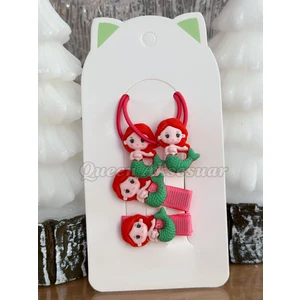 Queen Aksesuar Trend Moda Çocuk Bebek Lastik Pensli Toka Seti 4lü Set Prenses Deniz Kızı Ariel