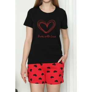 Kadın Şortlu Pijama Takımı Kısa Kollu Pamuklu Kalpli Likralı Siyah