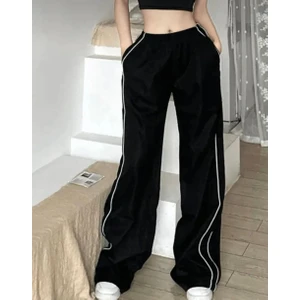 Touz Moda Harajuku Zip Detail Çift Çizgili Black Tracksuit Oversize Eşofman Altı