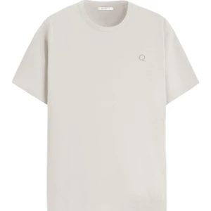 Beyaz Erkek Basic OverSize Tişört Bisiklet Yaka - Düz Pamuklu Tshirt - Nakişli Q Logo TRF6001