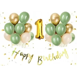 Çıtı Pıtı Store 1 Yaş Gold Happy Bırthday Kaligrafi Banner Krom Gold Küf Yeşili Deniz Kumu Balon Set