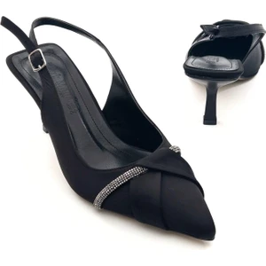 Potin Online  K629 Kadın Saten Taşlı Arkası Açık Abiye Topuklu Ayakkabı