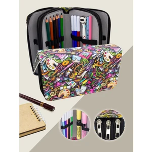 Kalem Kutusu Art Cute Temalı Orginazer  Vegan Deri Üç Bölmeli (Kalemlik)