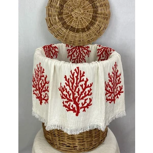 Pamuk İdea Elde Tahta Baskı Kırmızı Mercan Desenli Müslin Peştemal Taş Baskılı Buldan Pamuklu Peştemali