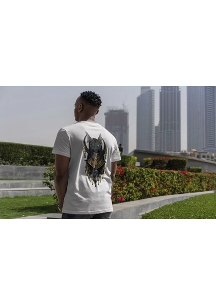 Mısır Kedi Tanrıça Sırt Baskılı Desenli %100 Pamuk Beyaz Erkek T-Shirt