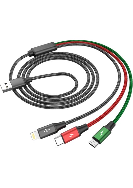 Gerlax Gd-36 Metal 3ü1 Arada Şarj ve Aktarım Kablosu, 2.4A Örgü Tasarım Şarj Kablosu, Lightning, USB C, Micro USB Şarj Kablosu