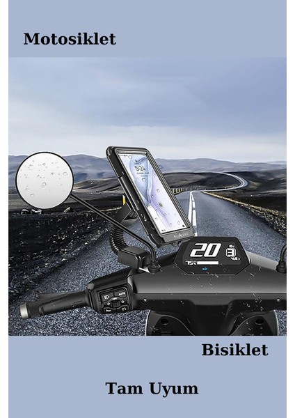 Motosiklet ve Bisiklet Aynasına Takılabilen Su Geçirmez 4,7 ve 6,8 Inç Uyumlu Telefon Tutucusu