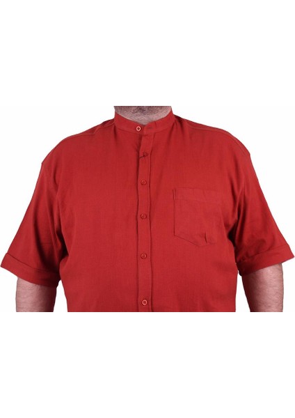 Mocgrande Büyük Beden Kısa Kol Erkek Likralı Keten Hakim Yaka Cepli Gömlek 11303 Kıremıt modelleri