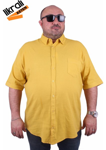 Mocgrande Büyük Beden Kısa Kol Erkek Likralı Keten Cepli Gömlek 11301 Hardal