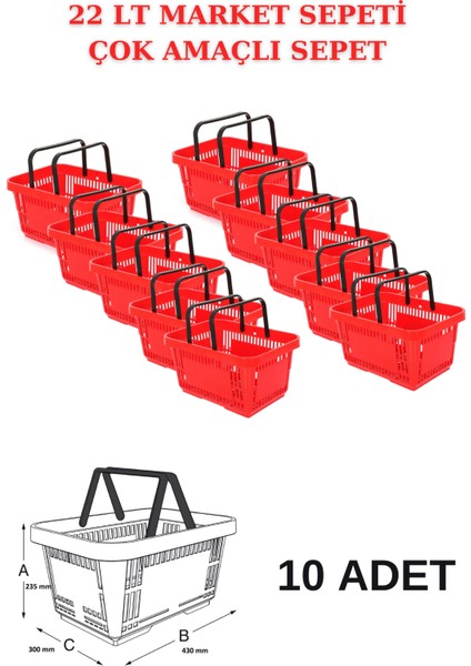 22 Litre 10 Adet Market Sepeti, Alışveriş Sepeti, Saplı Market Sepeti