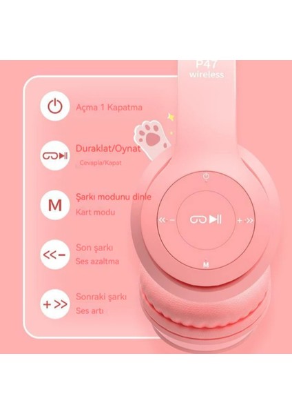 Kedi Kulağı Hafif Bluetooth Kulaklık P47M Karikatür Kablosuz Oyun Kulaklığı (Yurt Dışından)