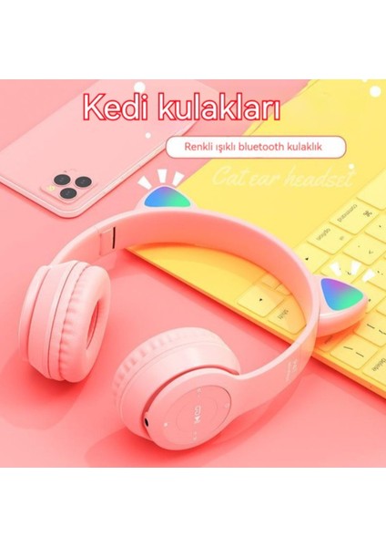 Kedi Kulağı Hafif Bluetooth Kulaklık P47M Karikatür Kablosuz Oyun Kulaklığı (Yurt Dışından)