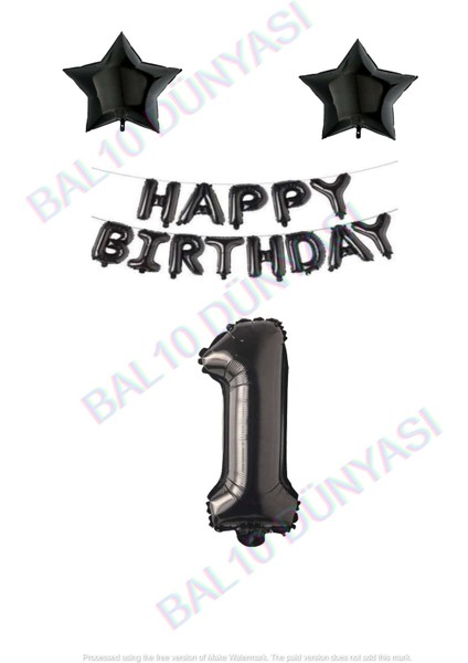 Happy Bırthday Siyah Renk Folyo Balon Yıldız Folyo ve Rakam Seti Yaş 1
