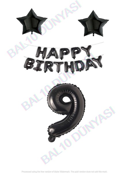 Happy Bırthday Siyah Renk Folyo Balon Yıldız Folyo ve Rakam Seti Yaş 9