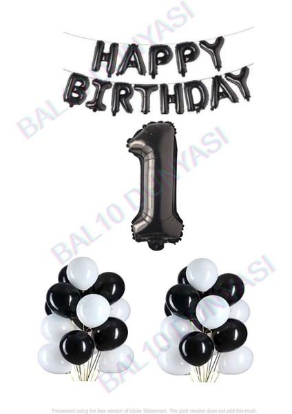 Happy Bırthday Siyah Renk Folyo Balon Latex Balon ve Folyo Rakam Seti Yaş 1