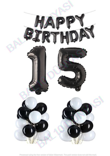 Happy Bırthday Siyah Renk Folyo Balon Latex Balon ve Folyo Rakam Seti Yaş 15