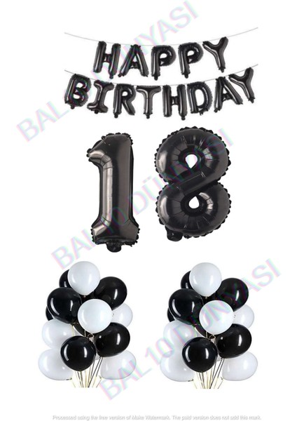 Happy Bırthday Siyah Renk Folyo Balon Latex Balon ve Folyo Rakam Seti Yaş 18