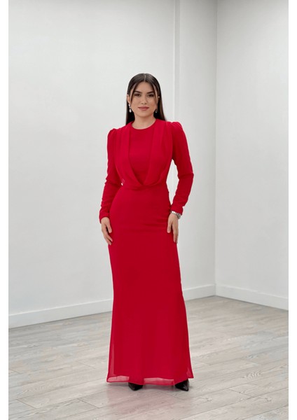Şifon Kumaş Pelerin Detaylı Abiye Elbise - Kırmızı